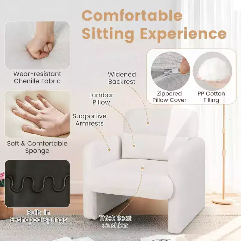 Sillón decorativo de chenilla blanca con cojín lumbar, 1/2 plaza