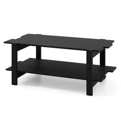 Mesa de centro irregular de 2 niveles, negra/nogal/blanca, estante abierto, uso individual