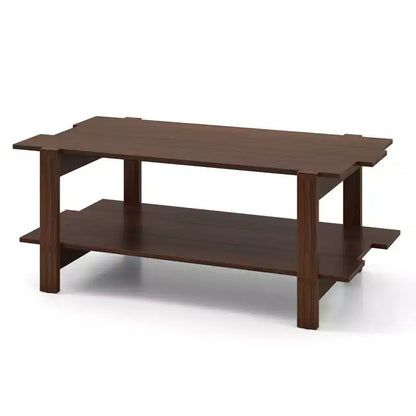 Mesa de centro irregular de 2 niveles, negra/nogal/blanca, estante abierto, uso individual