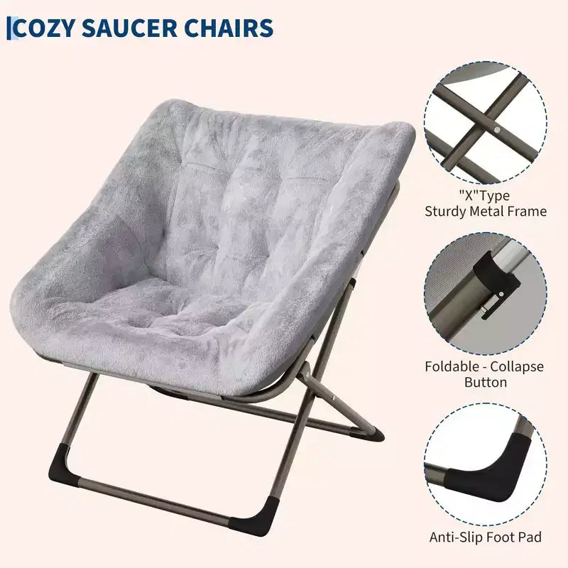 Sillón plegable tipo platillo de piel sintética gris, asiento individual, tapizado