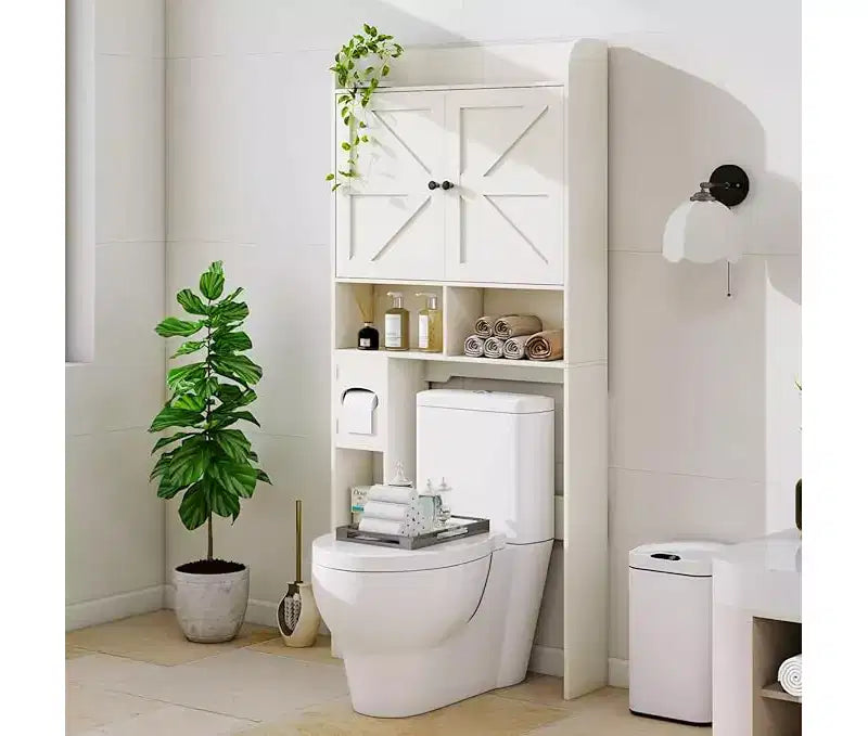 Armario de almacenamiento gris/blanco para inodoro con puerta corrediza y portarrollos, montaje por 1 persona
