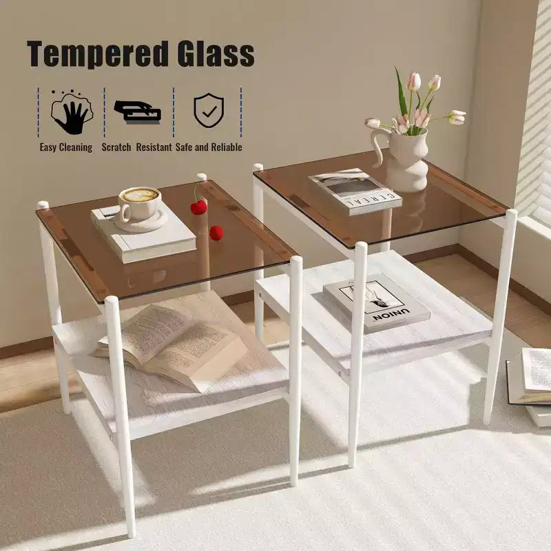 Mesa auxiliar de cristal templado, cuadrada de 4 patas, juego de 2