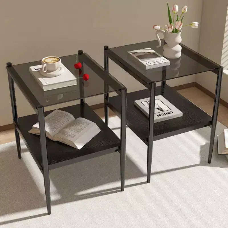 Mesa auxiliar de cristal templado, cuadrada de 4 patas, juego de 2