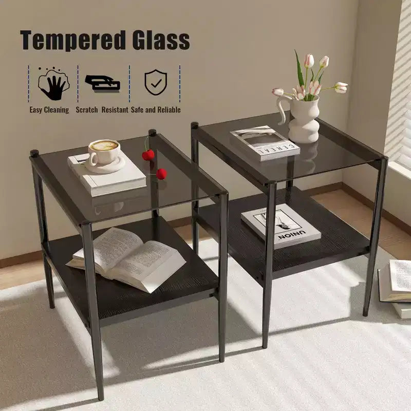 Mesa auxiliar de cristal templado, cuadrada de 4 patas, juego de 2