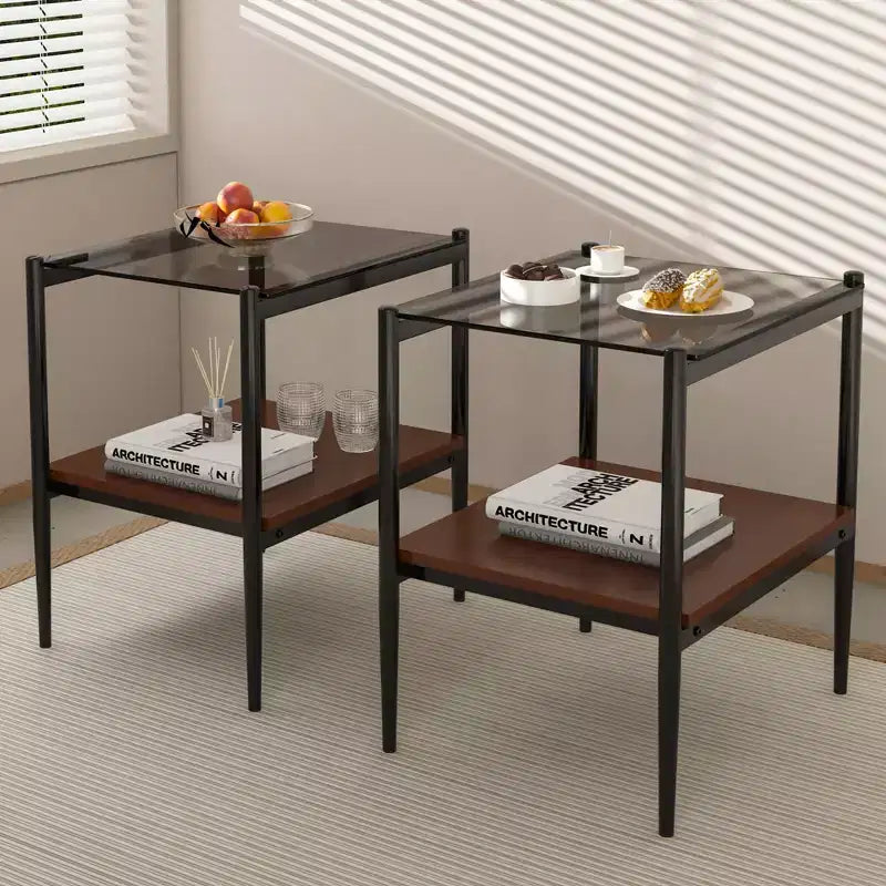 Mesa auxiliar de cristal templado, cuadrada de 4 patas, juego de 2
