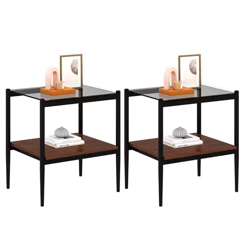 Mesa auxiliar de cristal templado, cuadrada de 4 patas, juego de 2