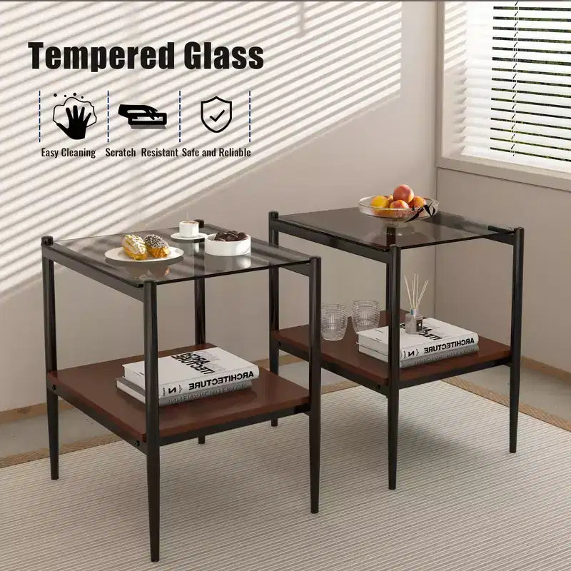 Mesa auxiliar de cristal templado, cuadrada de 4 patas, juego de 2