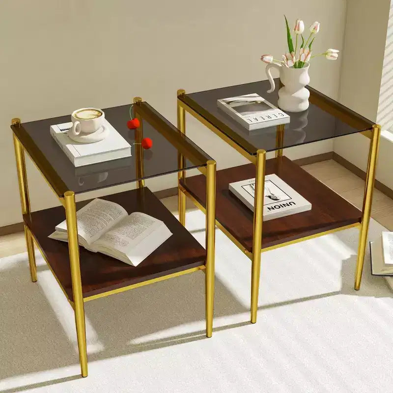 Mesa auxiliar de cristal templado, cuadrada de 4 patas, juego de 2
