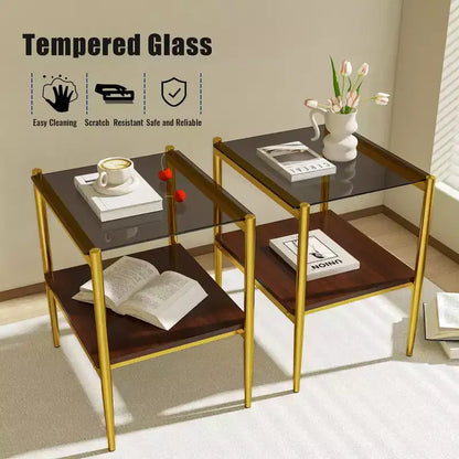 Mesa auxiliar de cristal templado, cuadrada de 4 patas, juego de 2