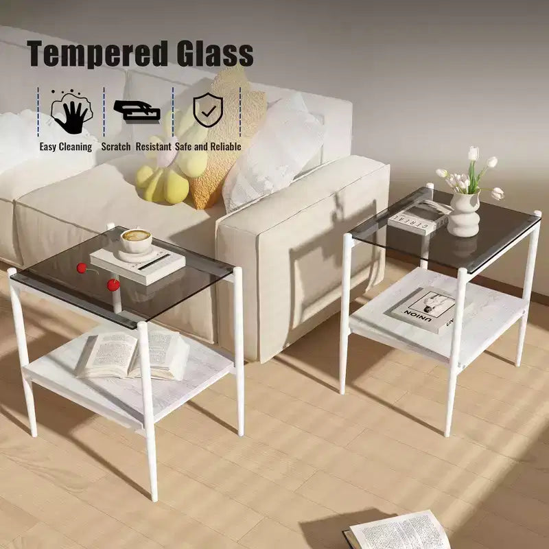 Mesa auxiliar de cristal templado, cuadrada de 4 patas, juego de 2