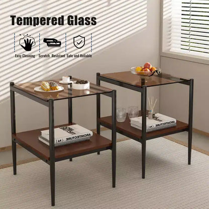 Mesa auxiliar de cristal templado, cuadrada de 4 patas, juego de 2