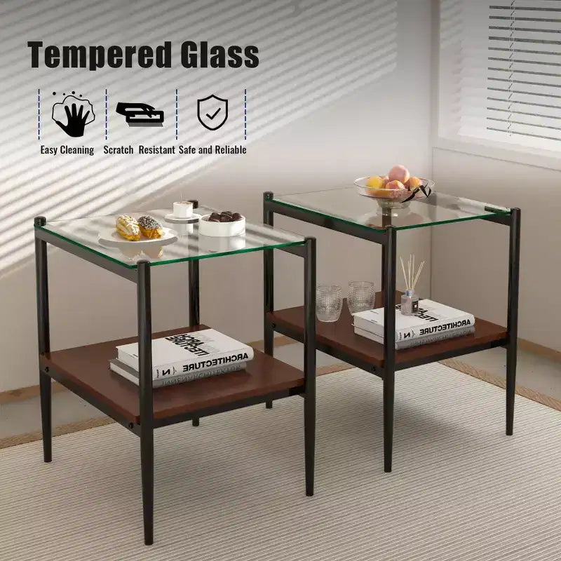 Mesa auxiliar de cristal templado, cuadrada de 4 patas, juego de 2