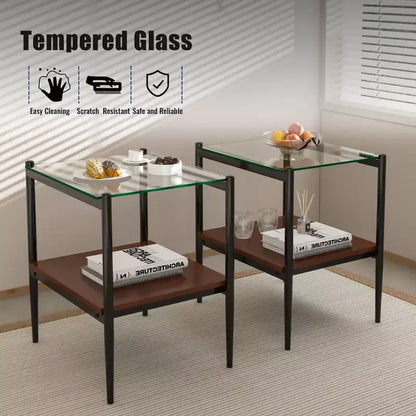 Mesa auxiliar de cristal templado, cuadrada de 4 patas, juego de 2