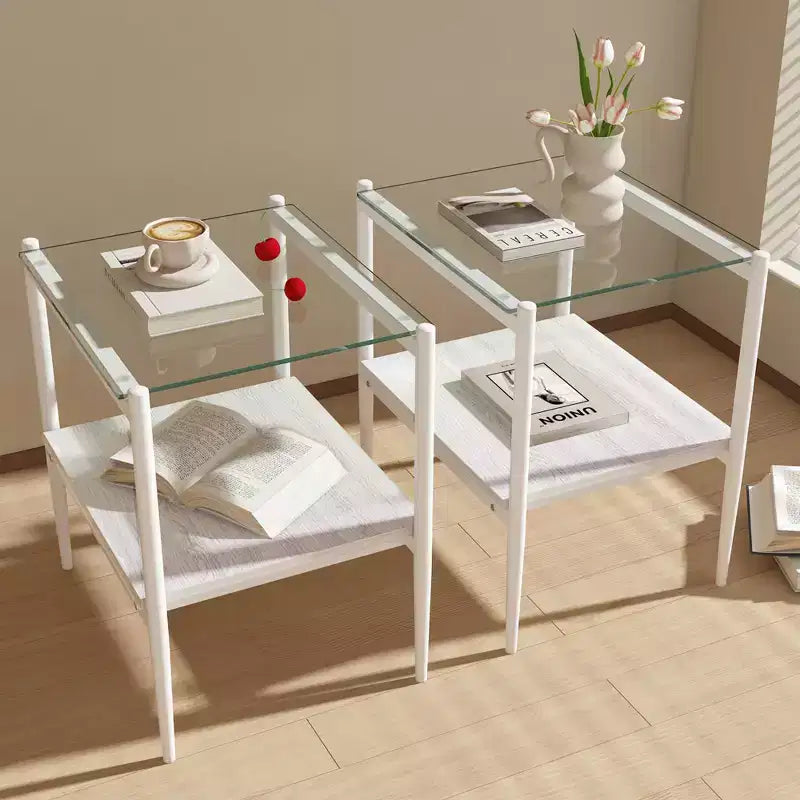 Mesa auxiliar de cristal templado, cuadrada de 4 patas, juego de 2