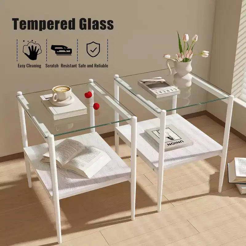 Mesa auxiliar de cristal templado, cuadrada de 4 patas, juego de 2