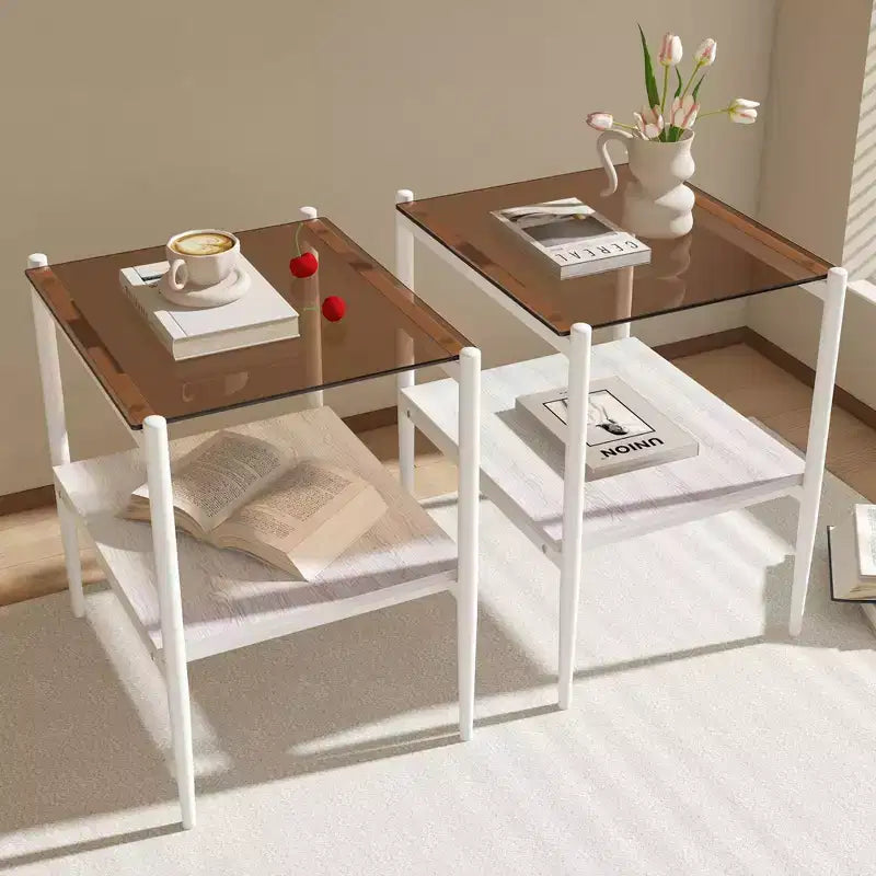 Mesa auxiliar de cristal templado, cuadrada de 4 patas, juego de 2