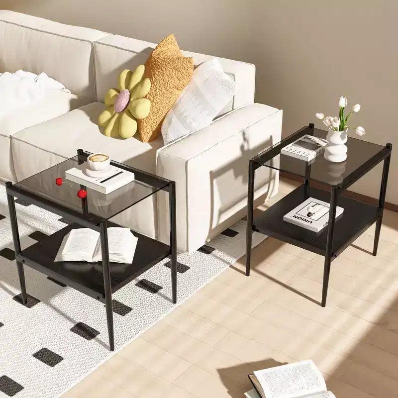 Mesa auxiliar de cristal templado, cuadrada de 4 patas, juego de 2