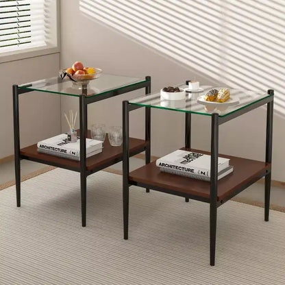 Okak Elegant Tempered Glass Coffee Table Smooth Edge 2PC, Modern Rectangle Tea End Table with Open Shelf for Small Living Room