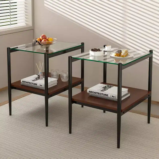 Okak Elegant Tempered Glass Coffee Table Smooth Edge 2PC, Modern Rectangle Tea End Table with Open Shelf for Small Living Room