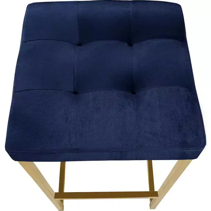 Taburete de mostrador de terciopelo azul marino, base dorada, juego de 2