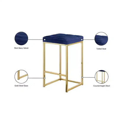 Taburete de mostrador de terciopelo azul marino, base dorada, juego de 2