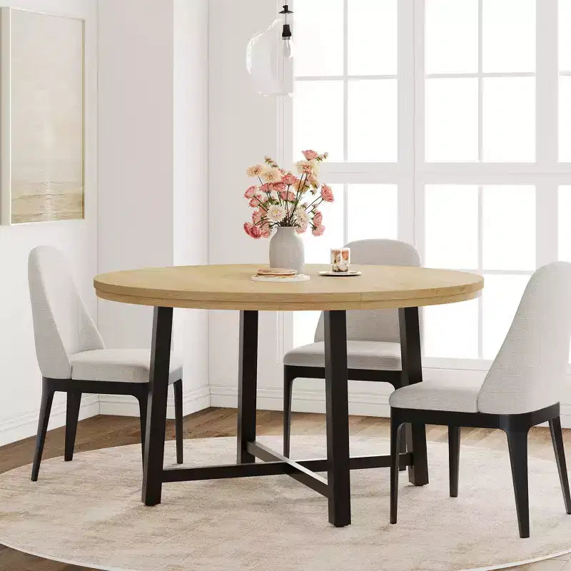 Mesa de comedor redonda de 47", negro/marrón rústico, estilo industrial, capacidad para 4–6 personas