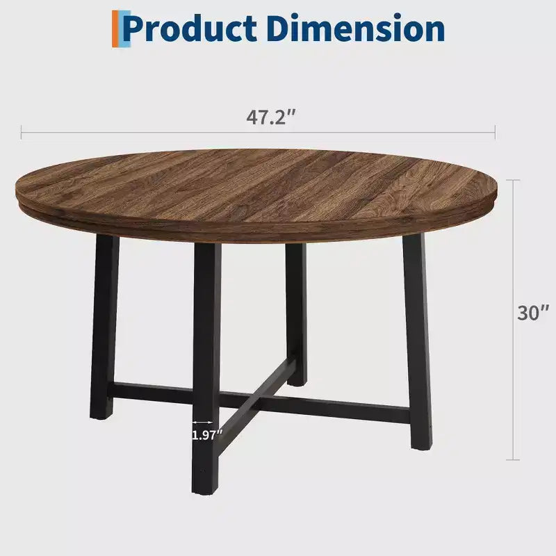 Mesa de comedor redonda de 47", negro/marrón rústico, estilo industrial, capacidad para 4–6 personas