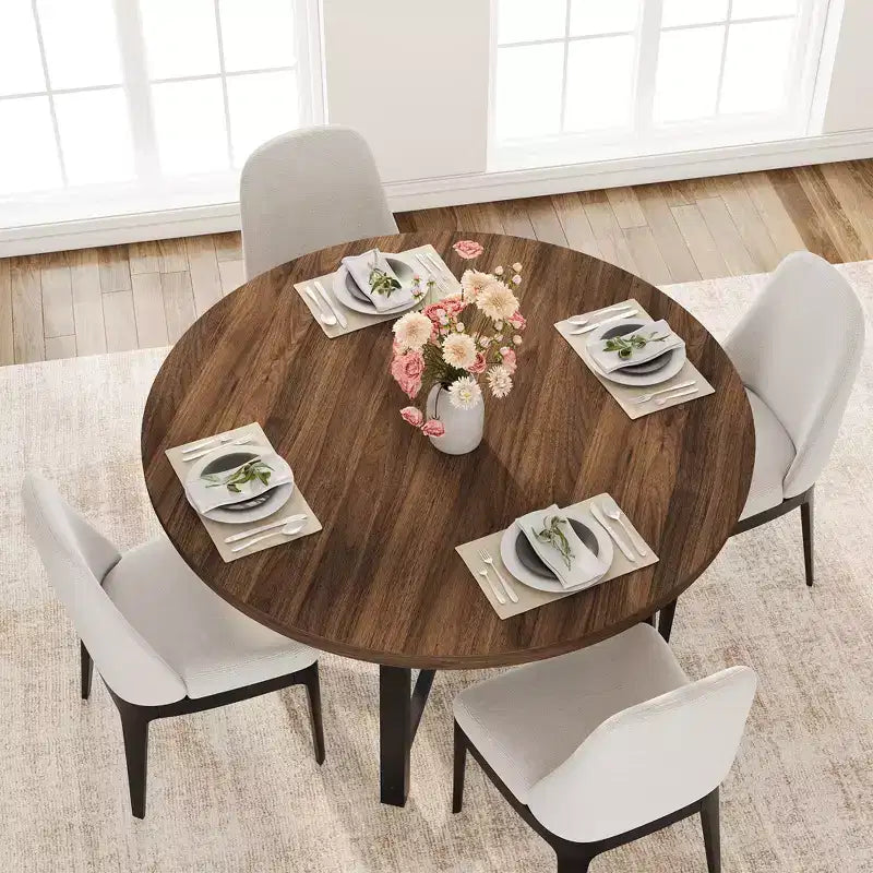 Mesa de comedor redonda de 47", negro/marrón rústico, estilo industrial, capacidad para 4–6 personas