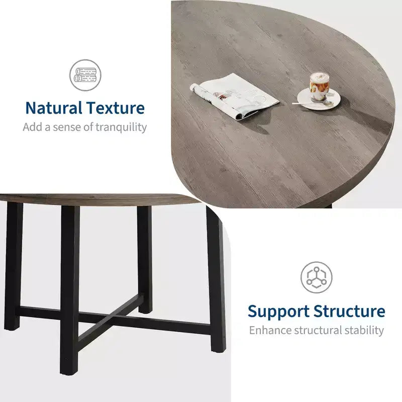 Mesa de comedor redonda de 47", negro/marrón rústico, estilo industrial, capacidad para 4–6 personas