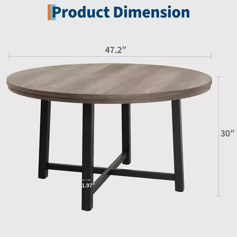 Mesa de comedor redonda de 47", negro/marrón rústico, estilo industrial, capacidad para 4–6 personas