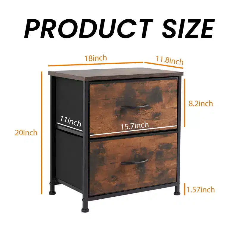 Cómoda de tela negra/marrón/gris con estructura de acero – Cajonera de 2 cajones, montaje para 1 persona