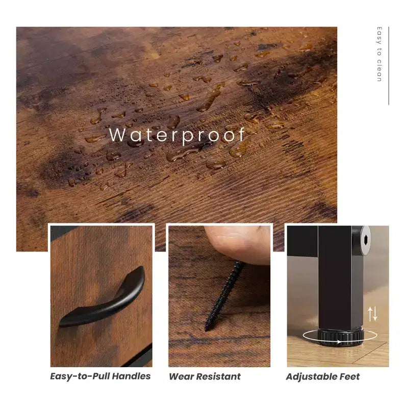 Cómoda de tela negra/marrón/gris con estructura de acero – Cajonera de 2 cajones, montaje para 1 persona