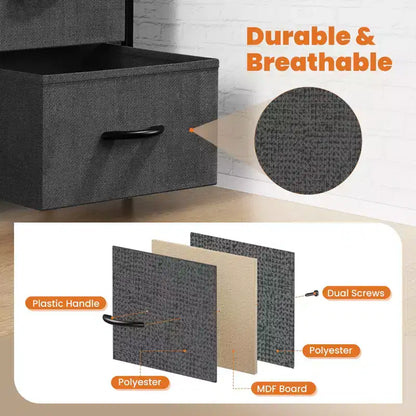 Cómoda de tela negra/marrón/gris con estructura de acero – Cajonera de 2 cajones, montaje para 1 persona