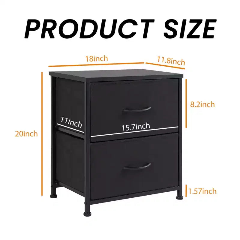 Cómoda de tela negra/marrón/gris con estructura de acero – Cajonera de 2 cajones, montaje para 1 persona