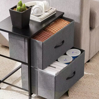 Cómoda de tela negra/marrón/gris con estructura de acero – Cajonera de 2 cajones, montaje para 1 persona