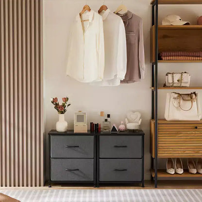 Cómoda de tela negra/marrón/gris con estructura de acero – Cajonera de 2 cajones, montaje para 1 persona