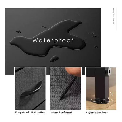 Cómoda de tela negra/marrón/gris con estructura de acero – Cajonera de 2 cajones, montaje para 1 persona