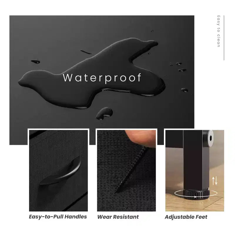 Cómoda de tela negra/marrón/gris con estructura de acero – Cajonera de 2 cajones, montaje para 1 persona