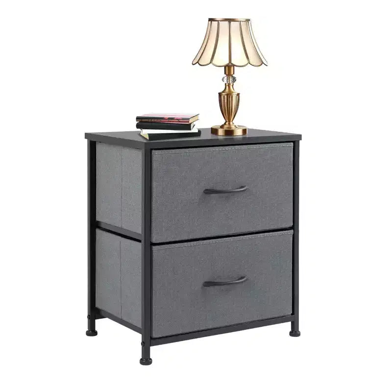 Cómoda de tela negra/marrón/gris con estructura de acero – Cajonera de 2 cajones, montaje para 1 persona