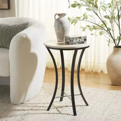 Mesa auxiliar redonda de mármol beige y hierro negro, 1 asiento, 40,6 cm de ancho x 61 cm de alto