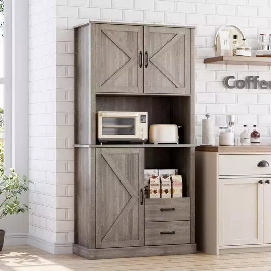 Pantry Cabinet with 2 Drawers and Open Shelves, Tall Freestanding Kitchen Pantry Cabinet with Microwave Shelf, Kitchen Hutch