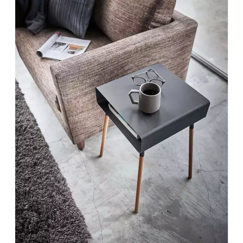 Mesa Auxiliar Alta Blanca/Negra con Estante de Almacenamiento, Acero + Madera, Individual