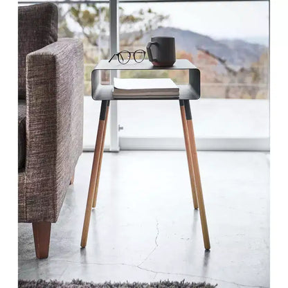 Mesa Auxiliar Alta Blanca/Negra con Estante de Almacenamiento, Acero + Madera, Individual