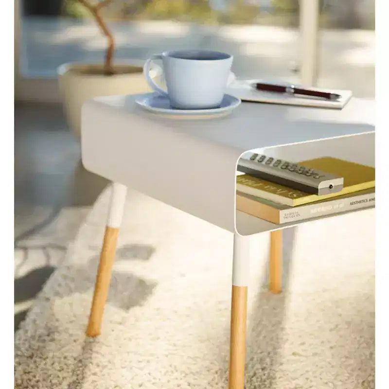 Mesa Auxiliar Alta Blanca/Negra con Estante de Almacenamiento, Acero + Madera, Individual