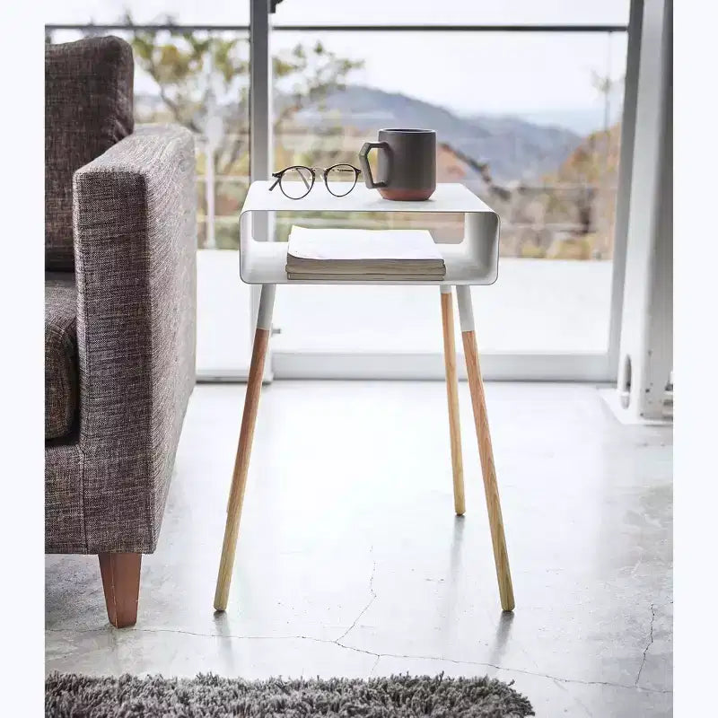 Mesa Auxiliar Alta Blanca/Negra con Estante de Almacenamiento, Acero + Madera, Individual