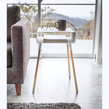 Mesa Auxiliar Alta Blanca/Negra con Estante de Almacenamiento, Acero + Madera, Individual