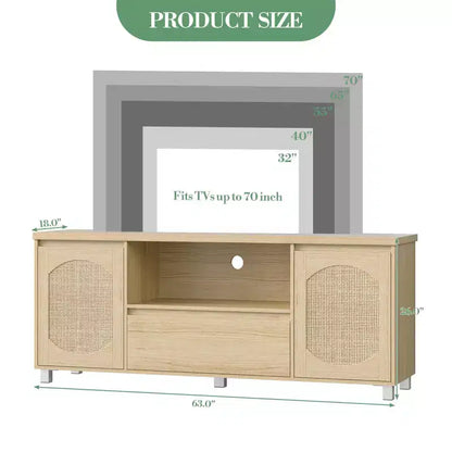 Mueble de TV de ratán y madera, 2 puertas con cajón, para televisores de hasta 70 pulgadas