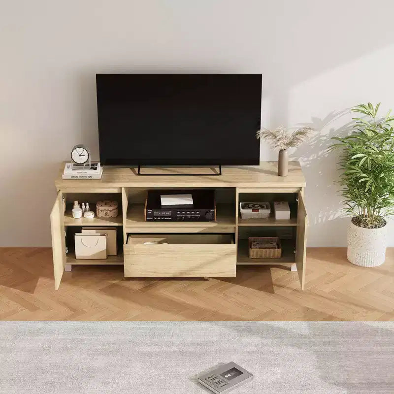 Mueble de TV de ratán y madera, 2 puertas con cajón, para televisores de hasta 70 pulgadas