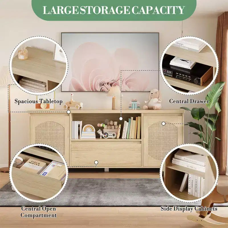 Mueble de TV de ratán y madera, 2 puertas con cajón, para televisores de hasta 70 pulgadas