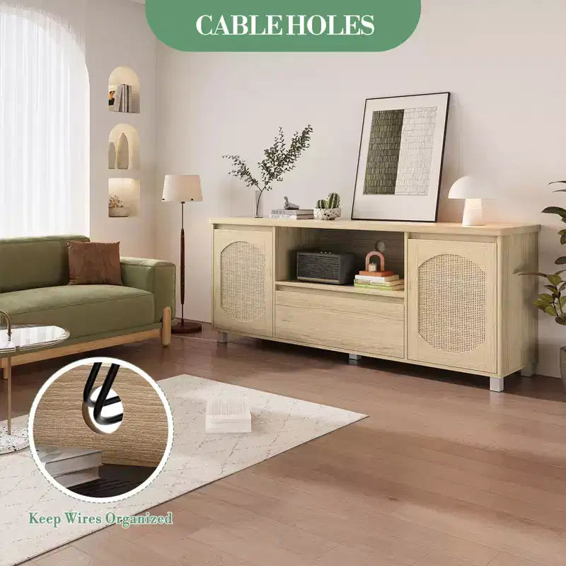 Mueble de TV de ratán y madera, 2 puertas con cajón, para televisores de hasta 70 pulgadas